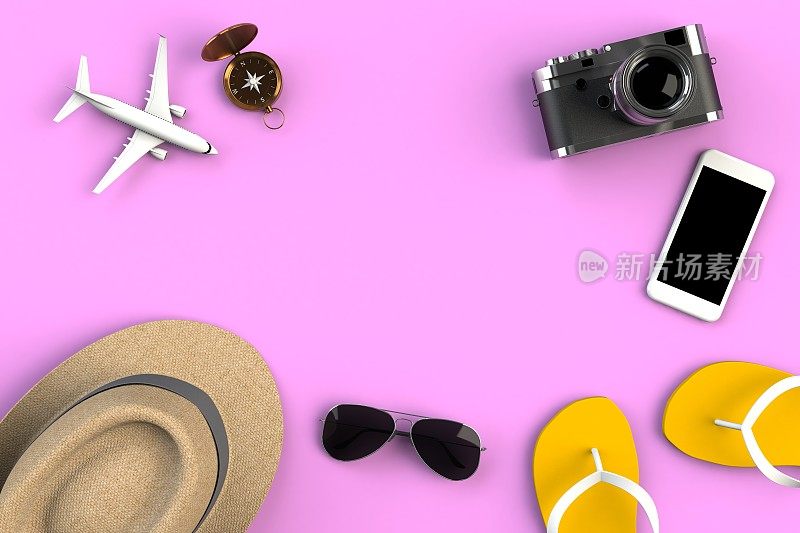 Top view of Traveler’s accessories on pink table background, Essential vacation items, Travel concept, 3D渲染